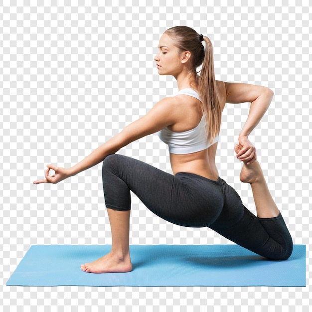 Une femme en pose de yoga sur un tapis bleu