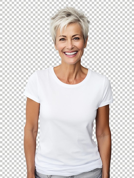 PSD une femme positive souriant à la caméra portant un tee blanc sur un fond transparent