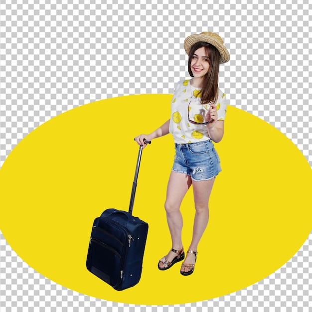 Une femme PSD avec un chapeau et une valise marche avec un fond transparent