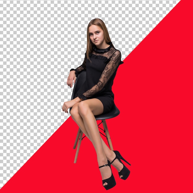 Une femme PSD est assise sur une chaise rouge avec un fond transparent.