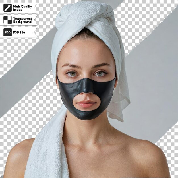 PSD femme psd avec un masque cosmétique noir sur le visage sur un fond transparent avec une couche de masque modifiable