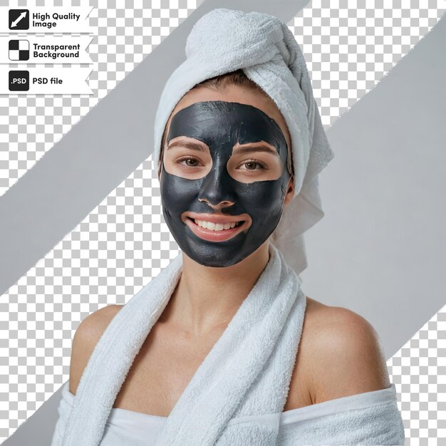 PSD femme psd avec un masque cosmétique noir sur le visage sur un fond transparent avec une couche de masque modifiable