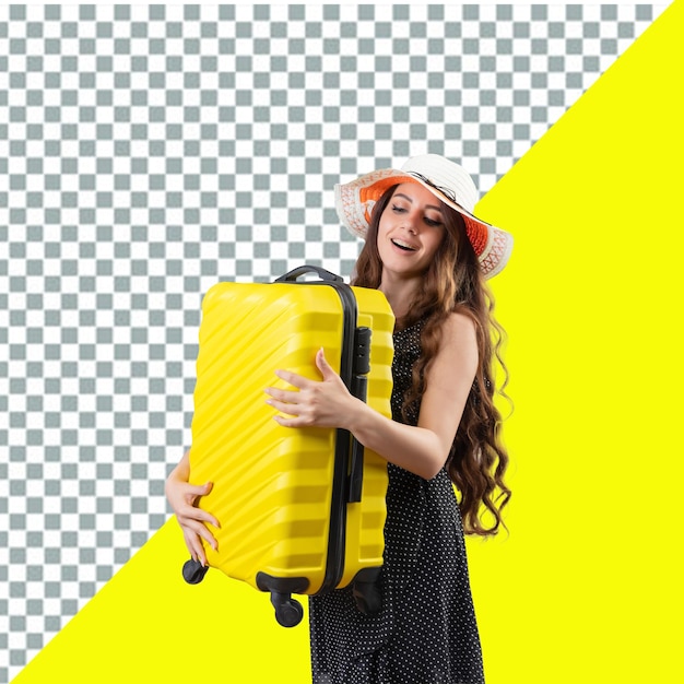 femme PSD portant une valise jaune avec un fond transparent jaune