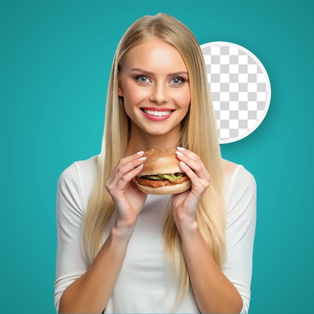 PSD une femme qui mange un hamburger au poulet.