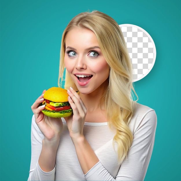 Une Femme Qui Mange Un Hamburger Au Poulet.