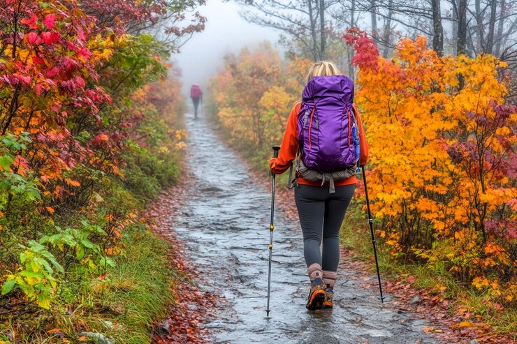 PSD une femme en randonnée sur un sentier d'automne brumeux