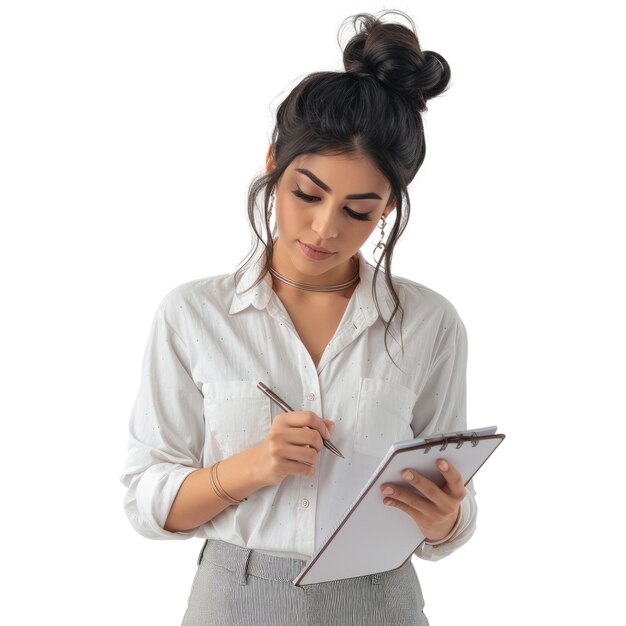 Une femme réfléchie debout avec un cahier et un stylo.