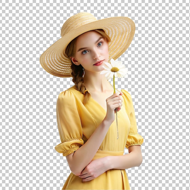 Femme En Robe Jaune Et Chapeau De Paille Tenant Une Fleur De Marguerite