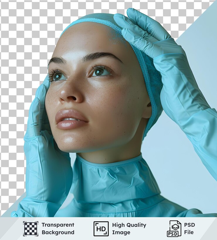 PSD femme en robe médicale et gants sur un fond transparent
