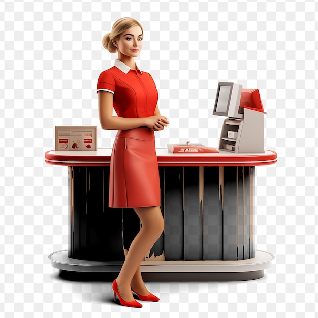 PSD une femme en robe rouge se tient devant une caisse enregistreuse