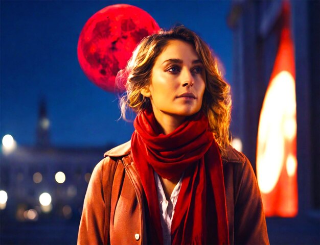 PSD une femme se tient devant une mosquée et regarde la lune.