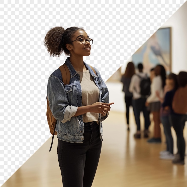 PSD une femme se tient devant une peinture qui dit "elle se tient devant un tableau"