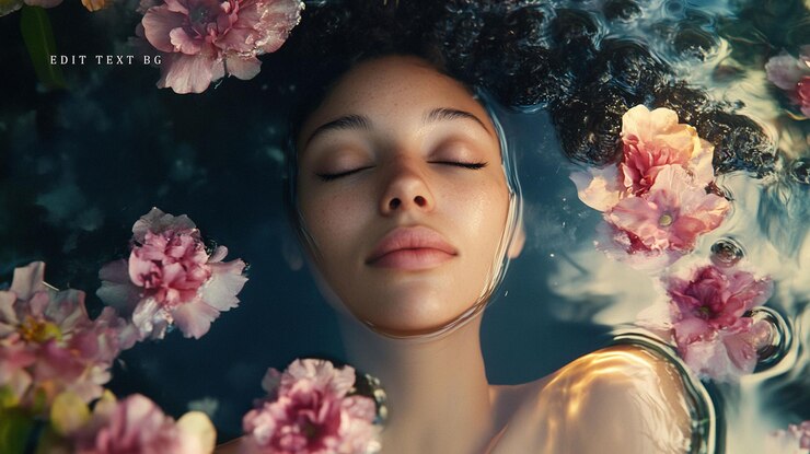 PSD femme sereine immergée dans l'eau avec des fleurs roses yeux fermés expression paisible