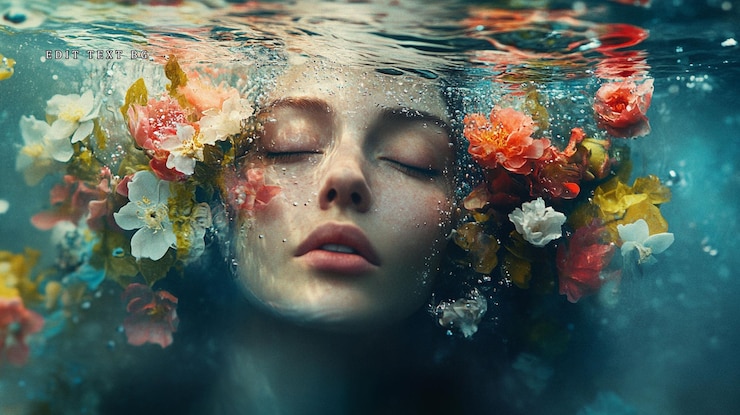 PSD une femme sereine sous l'eau avec des fleurs dans les cheveux, les yeux fermés, une expression paisible.