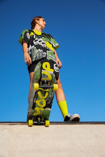 Femme sur skateboard low angle