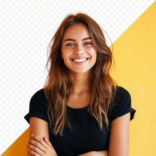 PSD femme souriante isolée sur un fond isolé jaune