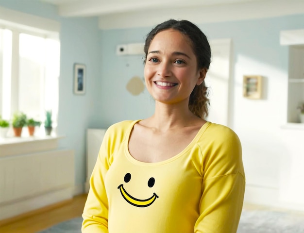 PSD une femme souriante posant dans sa maison.