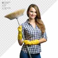 PSD une femme souriante tenant un balai prêt pour les tâches domestiques