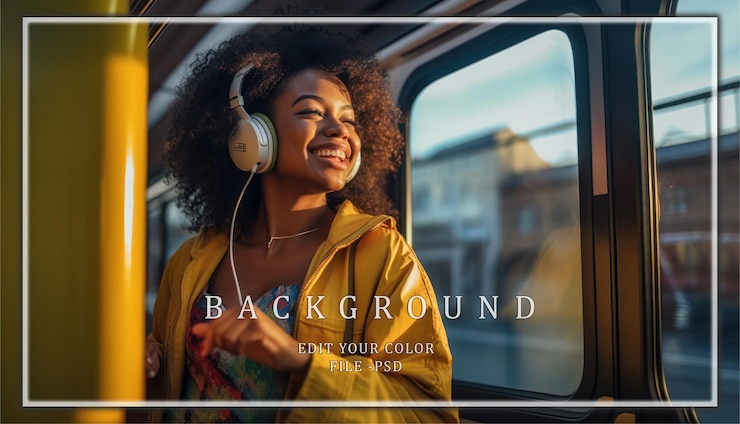 PSD femme souriante en veste jaune écoutant de la musique dans les transports en commun