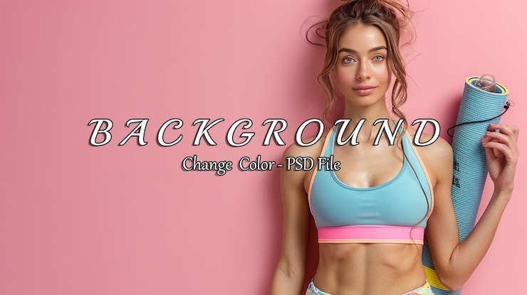 PSD une femme en soutien-gorge bleu tenant un tapis de yoga