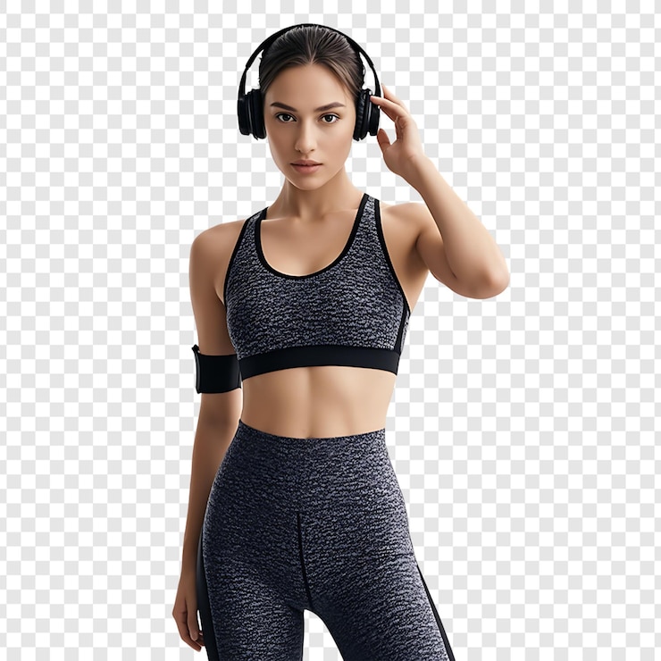 PSD une femme sportive avec des écouteurs isolée sur un fond transparent