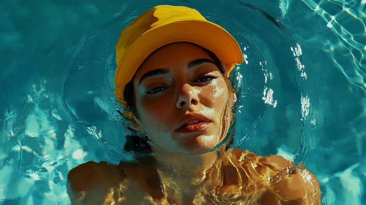 PSD femme submergée dans une piscine portant un casque jaune vue portrait