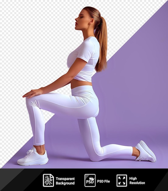 PSD femme en t-shirt blanc et leggins faisant des exercices d'étirement sur un fond violet png psd