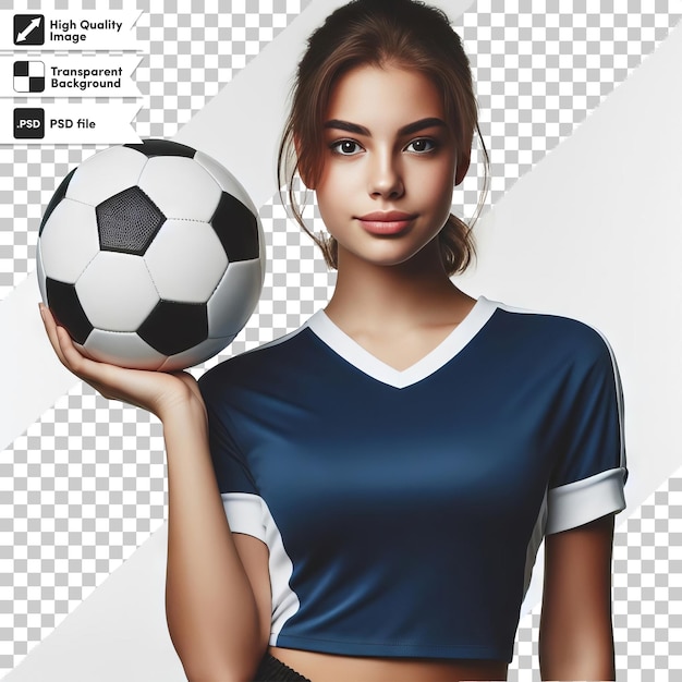 PSD une femme tenant un ballon de football avec le mot soccer dessus