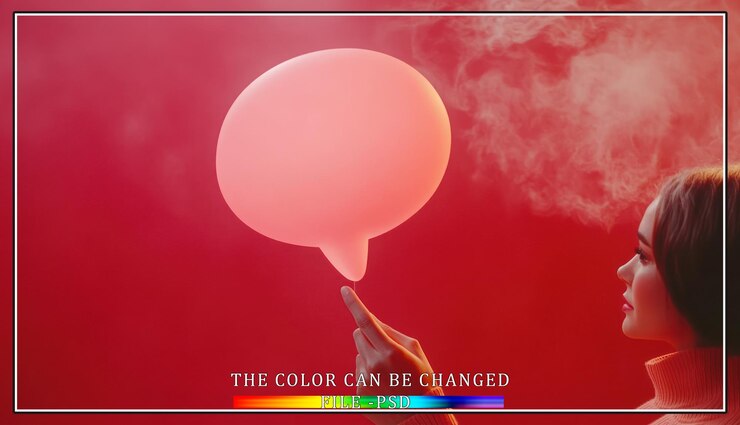 PSD une femme tenant une bulle de discours rose brillant devant un fond rouge avec de la fumée