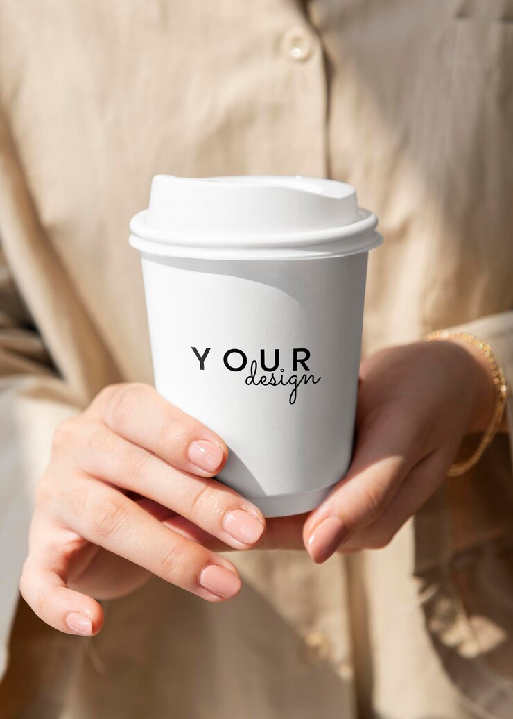 PSD une femme tenant une maquette d'une tasse de café