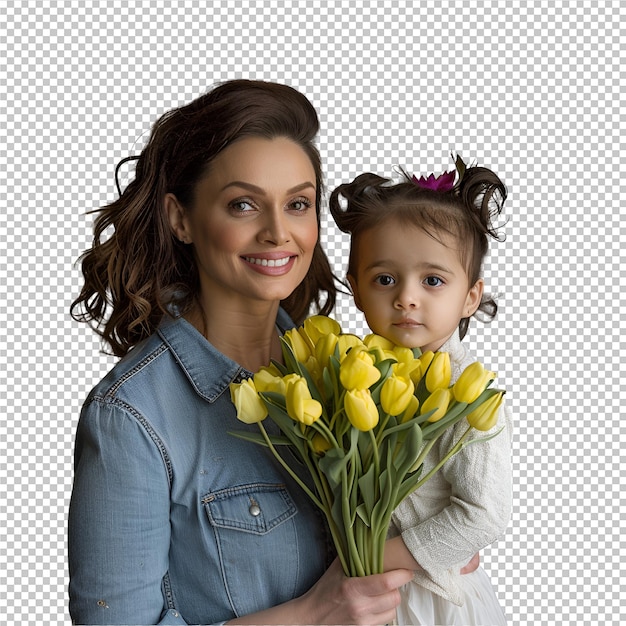 PSD une femme tenant une petite fille avec des fleurs dans ses mains