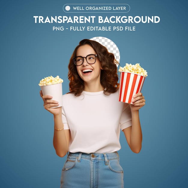 Une femme tenant des seaux de pop-corn en PNG transparent