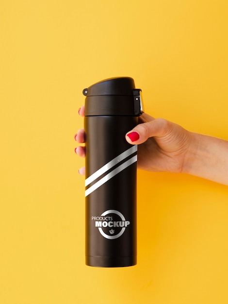 Femme, Tenue, Noir, Thermos, Maquette, Jaune, Fond