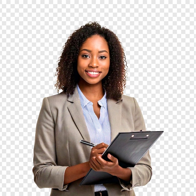 une femme tient un cahier et un stylo