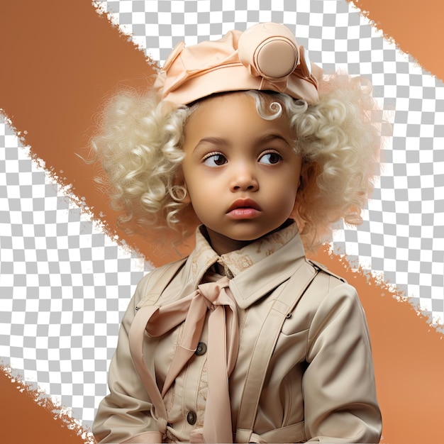 Une Femme Toddler Accablée Avec Des Cheveux Blonds De L'ethnie Afro-américaine Vêtue D'une Tenue D'astronome Pose Dans Un Style One Hand On Waist Sur Un Fond D'abricot Pastel