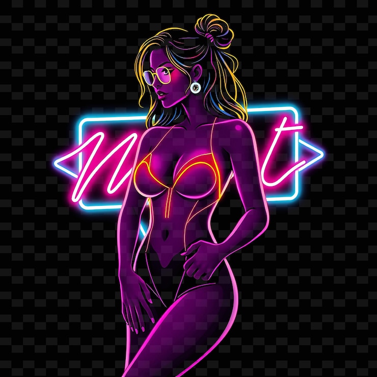 PSD femme tonnée en une pièce de néon neon art design avec des couleurs vives illustration neon charactert