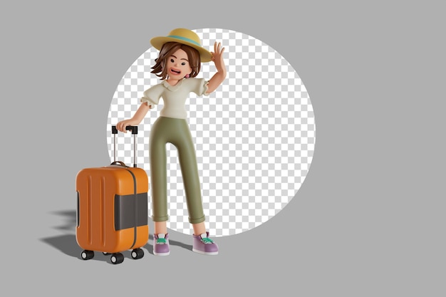 PSD femme touriste debout avec une illustration de rendu 3d de bagages