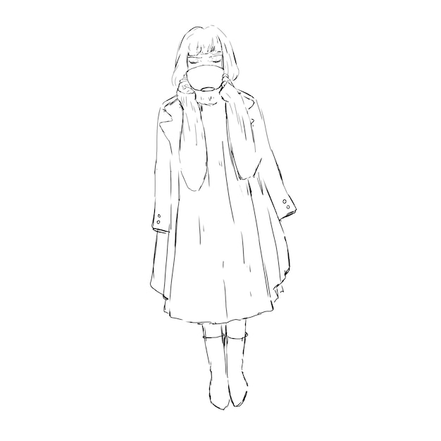 Une femme en trench-coat et en robe boit du café dans une tasse tout en se tenant debout.
