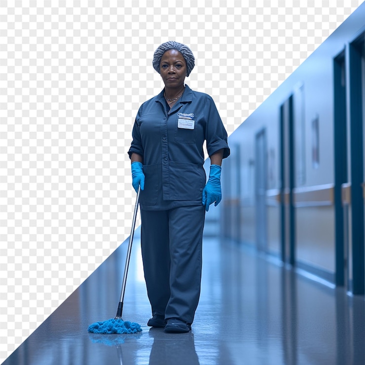 PSD une femme en uniforme bleu avec une étiquette de nom blanc sur sa poitrine