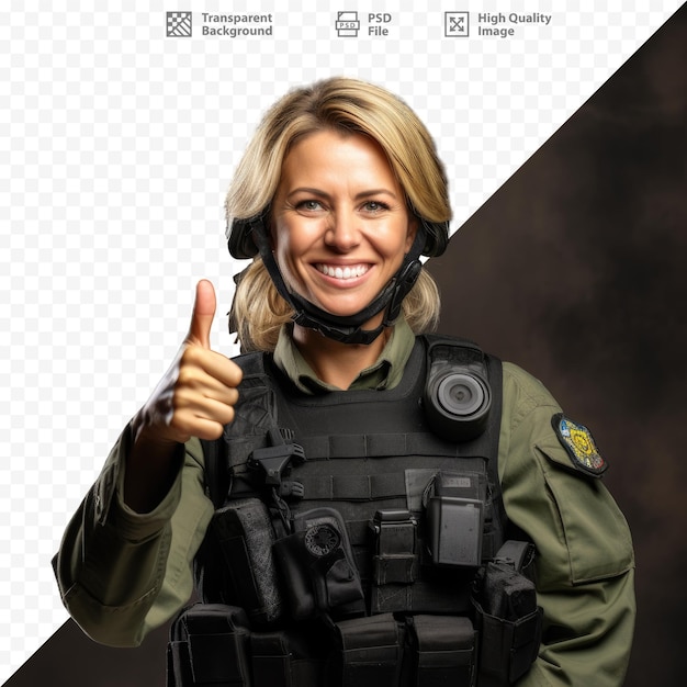 PSD une femme en uniforme militaire levant le pouce.