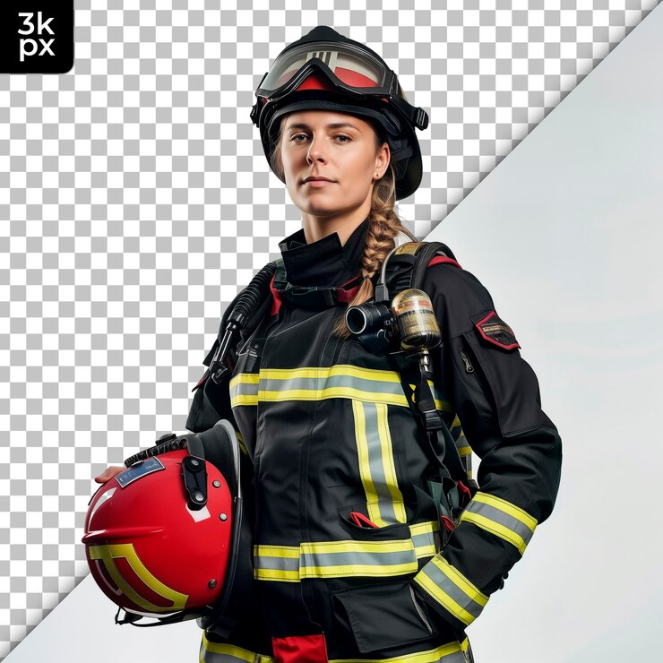 PSD une femme en uniforme de pompier avec un casque et un casque