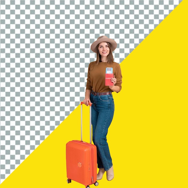 une femme avec une valise et un téléphone à la main