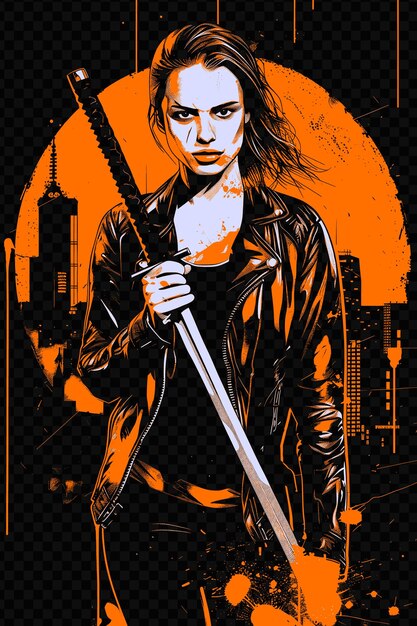 PSD femme avec une veste en cuir tenant une épée cityscape dans le b psd art design concept poster banner