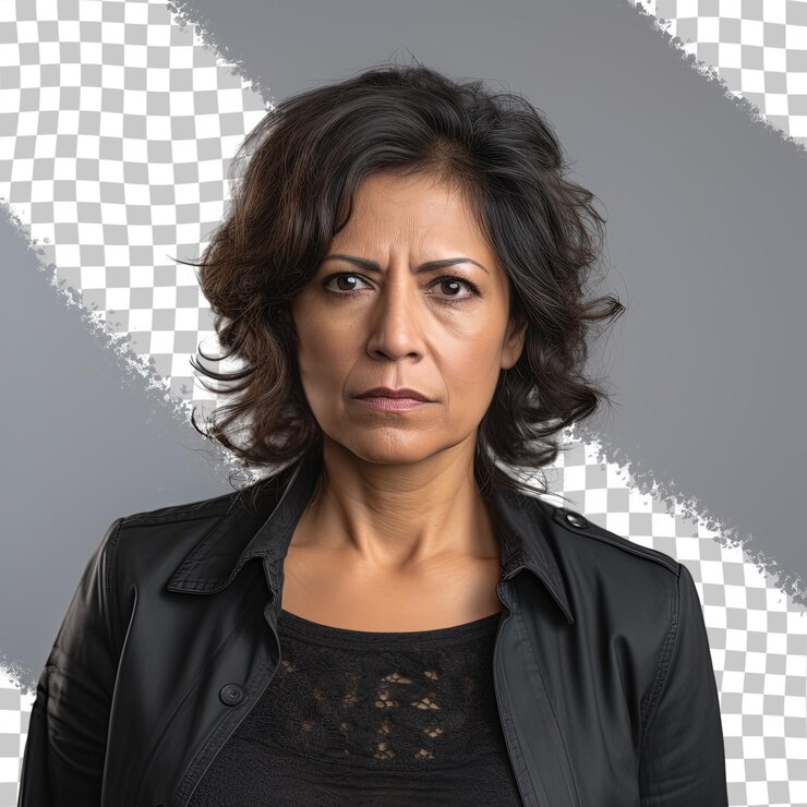 PSD une femme avec une veste noire et un logo blanc en arrière-plan.