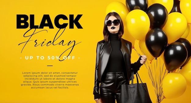 PSD femme vêtue de noir avec des ballons et un espace de copie sur fond jaune pour la bannière du black friday