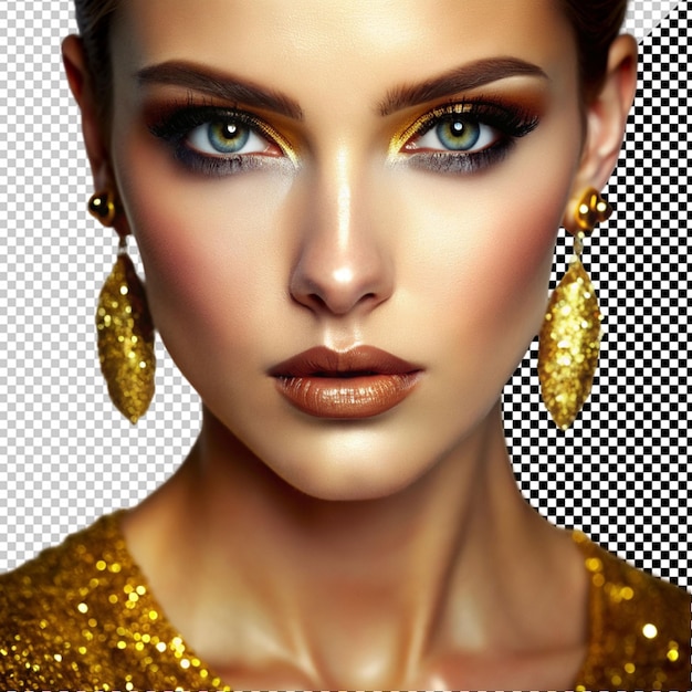 PSD une femme avec un visage doré et un maquillage doré un scintillement doré sur son visage