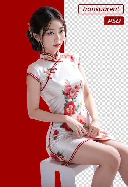 PSD femmes dans une robe cheongsam nouvelle année chinoise arrière-plan transparent fichier psd