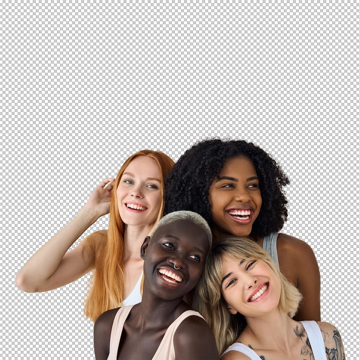 PSD des femmes diverses et heureuses sourient ensemble.
