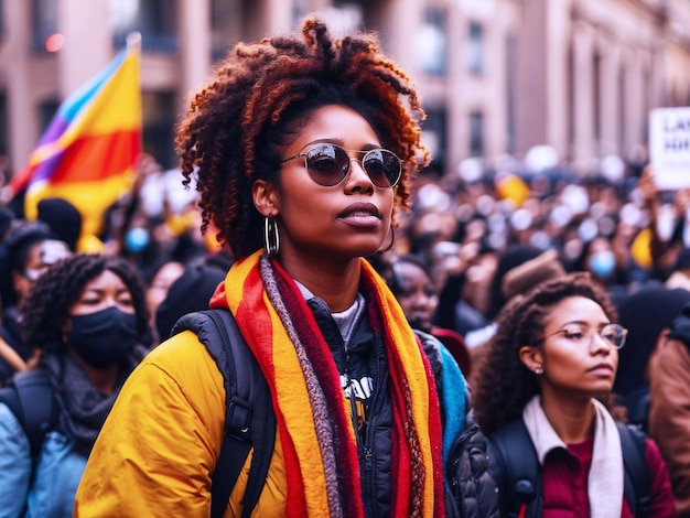 PSD les femmes noires marchent ensemble pour protester les armes et les poings levés pour l'activisme dans la communauté