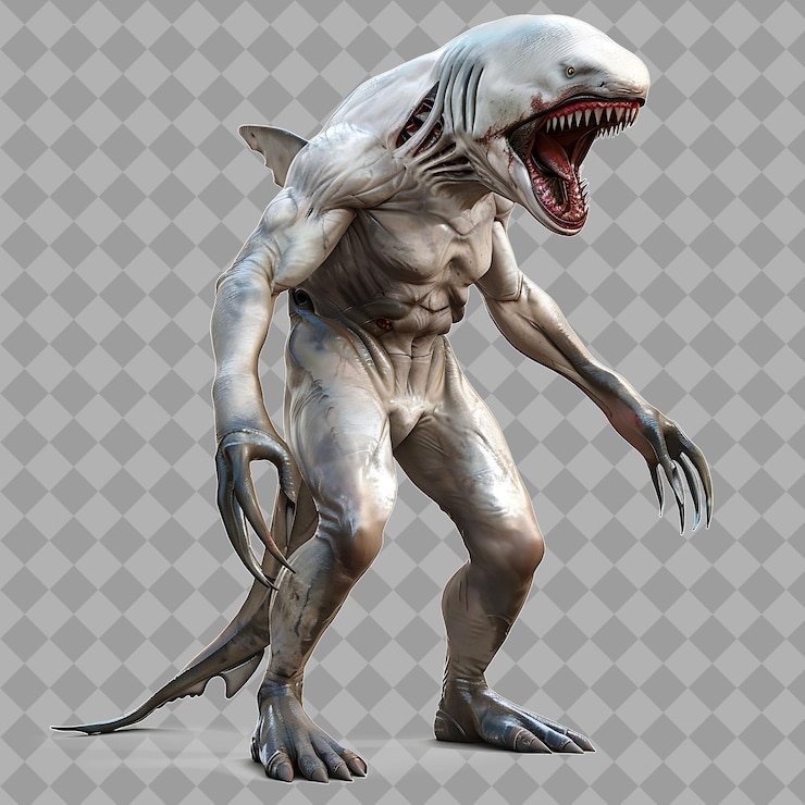 PSD femmina wereshark jaws style creatura con metà umano metà sh isolato rendering di personaggi di alta qualità